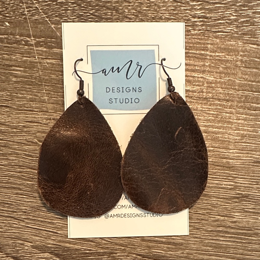 Brown Leather Teardrop Earrings